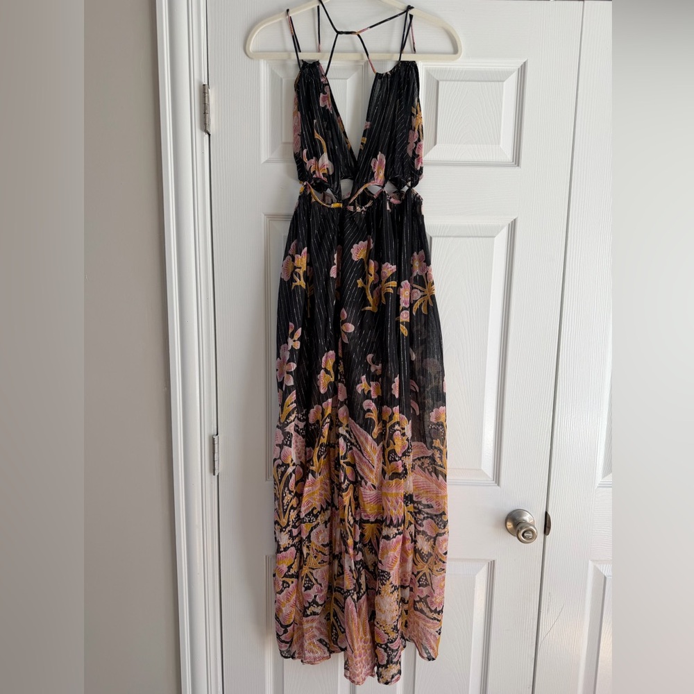 NWT Anthropologie Cut Out Floral Maxi Dress with Black and Pink Accents